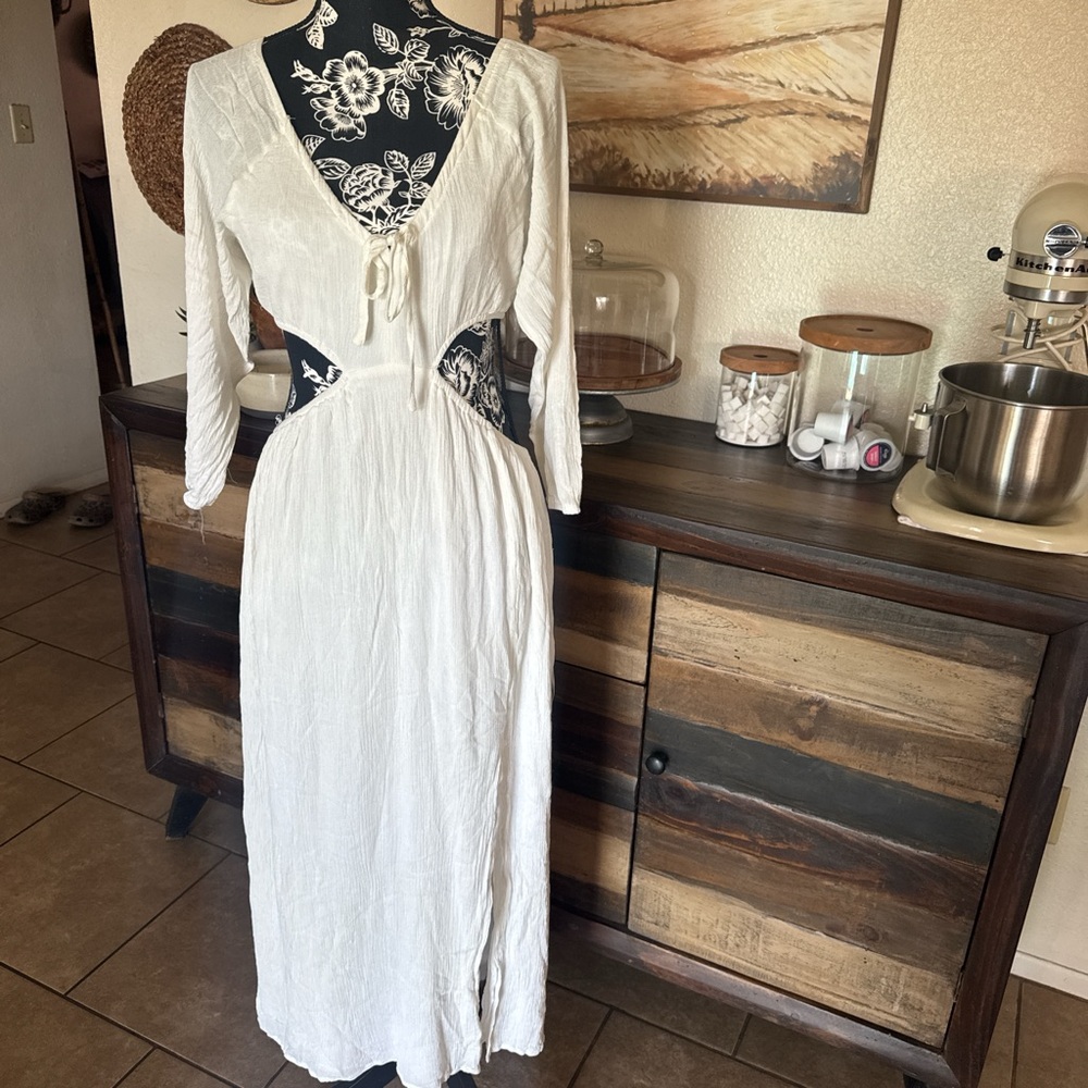 Kittenish White Maxi Dress with Front Tie & Side Cutouts
